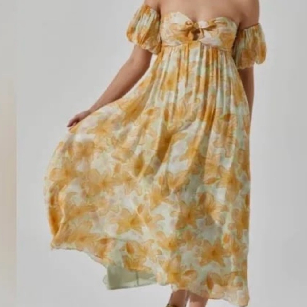 Astr Floral Off-Shoulder Dress in Yellow and Cream